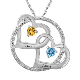 Couple's Birthstone Hearts Circle Pendant (2 Stones and Lines)