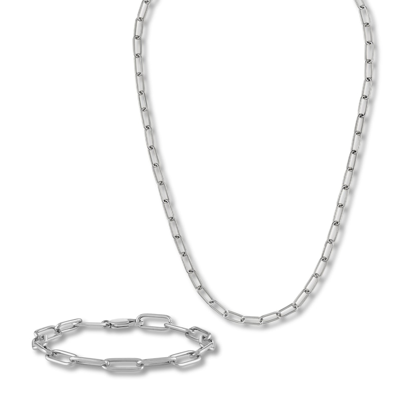 Solid Paperclip Chain Necklace 18"/ Bracelet Set Ion-Plated Stainless Steel 7.5