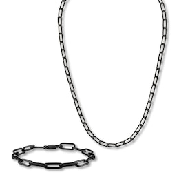 Solid Paperclip Chain Necklace 18&quot;/Bracelet Set Black Ion-Plated Stainless Steel 7.5&quot;