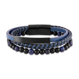 Natural Sodalite Bracelet Blue & Black Leather Stainless Steel 8.5&quot;