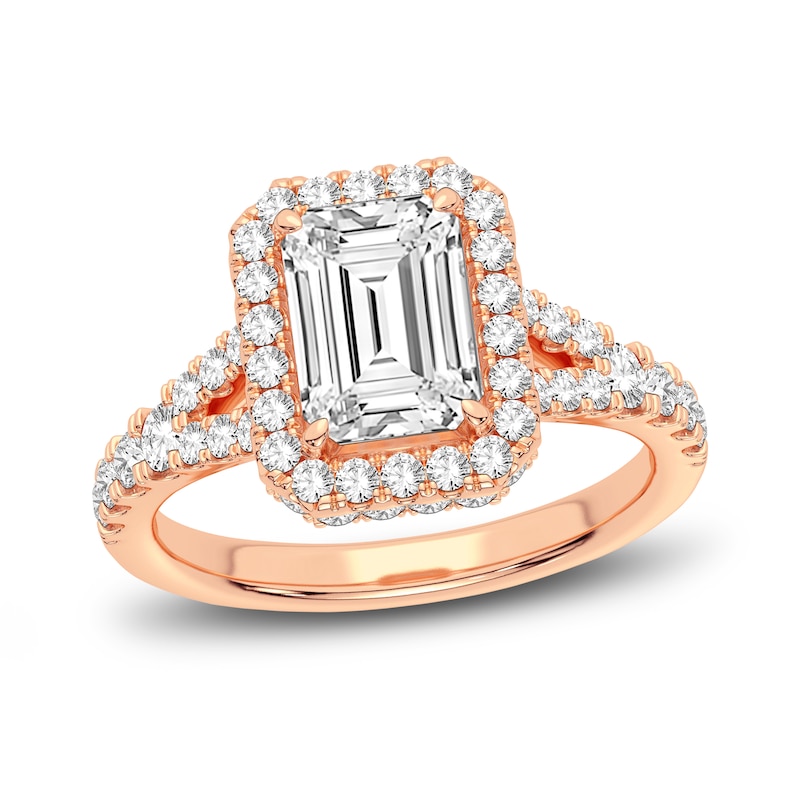 Lab-Created Diamond Engagement Ring 2-3/4 ct tw Emerald/Round 14K Rose Gold