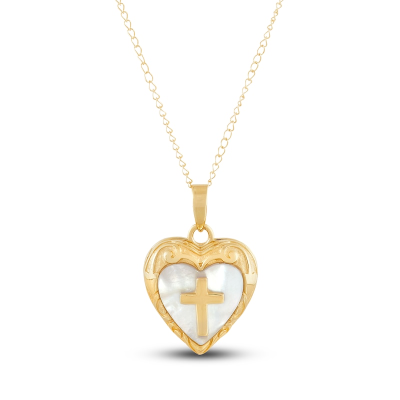 Main Image 1 of Heart & Cross Locket Necklace 14K Yellow Gold 13&quot;