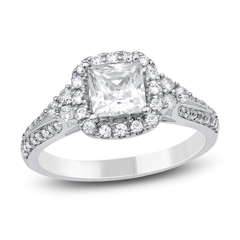 Princess & Round-Cut Diamond Halo Ring 1-1/5 ct tw 14K White Gold