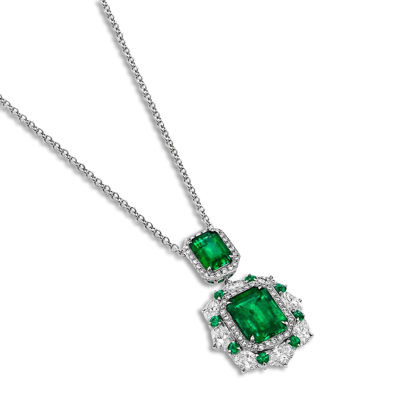 Natural Emerald Pendant Necklace 2-1/5 ct tw Diamonds 18K White Gold ...