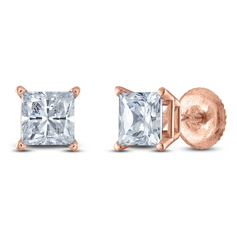 Main Image 2 of Certified Princess-Cut Diamond Solitaire Stud Earrings 1 ct tw 14K Rose Gold (I/I1)