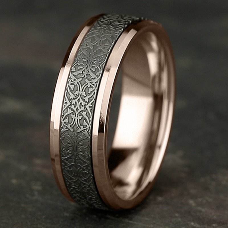 Main Image 4 of Men's Ottoman Pattern Comfort-Fit Wedding Band 7mm 14K Rose Gold & Matte Dark Gray Tantalum