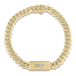 Men's Diamond Cross Miami Curb Chain Bracelet 1/10 ct tw 10K Yellow Gold 8.5&quot;