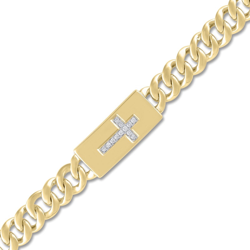 Men's Diamond Cross Miami Curb Chain Bracelet 1/10 ct tw 10K Yellow Gold 8.5"