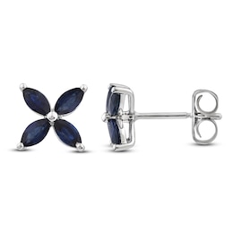 Marquise-Cut Natural Blue Sapphire Flower Earrings 10K White Gold