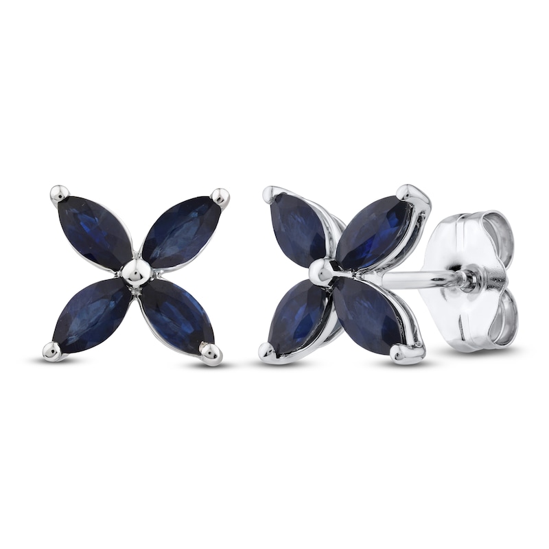 Main Image 2 of Marquise-Cut Natural Blue Sapphire Flower Earrings 10K White Gold