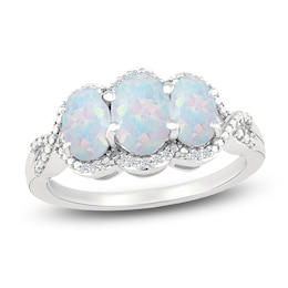 Oval-Cut Lab-Created Opal & Diamond Three-Stone Ring 1/20 ct tw Sterling Silver