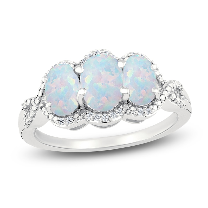 Main Image 1 of Oval-Cut Lab-Created Opal & Diamond Three-Stone Ring 1/20 ct tw Sterling Silver