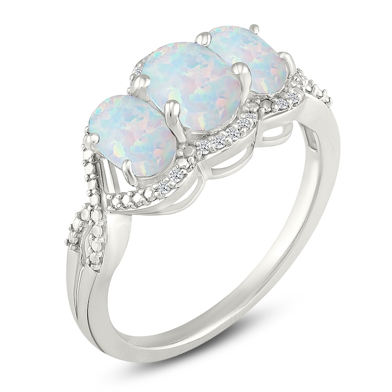 Main Image 2 of Oval-Cut Lab-Created Opal & Diamond Three-Stone Ring 1/20 ct tw Sterling Silver