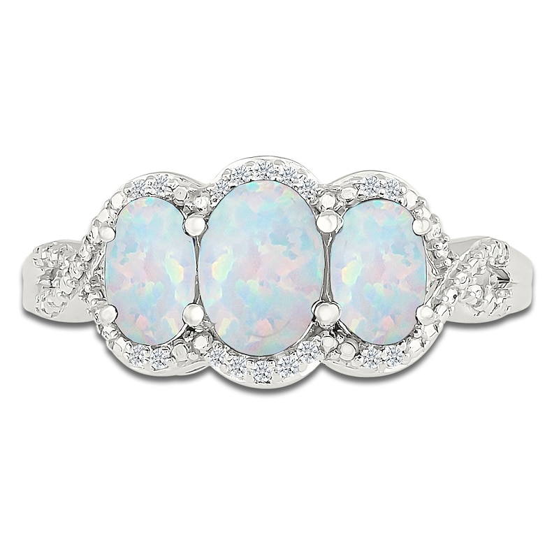 Main Image 3 of Oval-Cut Lab-Created Opal & Diamond Three-Stone Ring 1/20 ct tw Sterling Silver