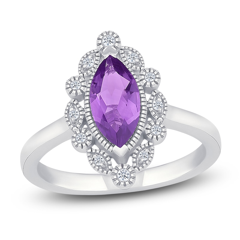 Main Image 1 of Marquise-Cut Natural Amethyst & White Lab-Created Sapphire Halo Ring Sterling Silver