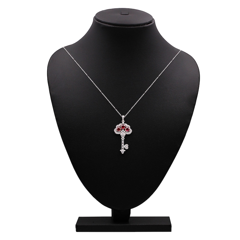 Main Image 4 of Heart-Shaped Lab-Created Ruby and White Lab-Created Sapphire Key Necklace Sterling Silver and 10K Rose Gold 18&quot;