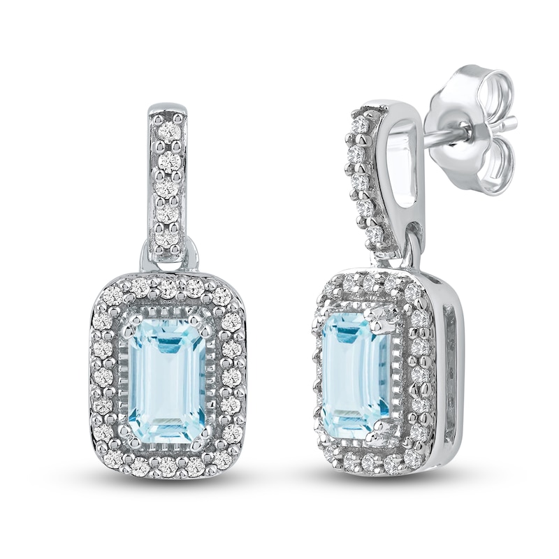 Main Image 1 of Rectangle-Cut Natural Aquamarine & Diamond Dangle Earrings 1/6 ct tw 14K White Gold