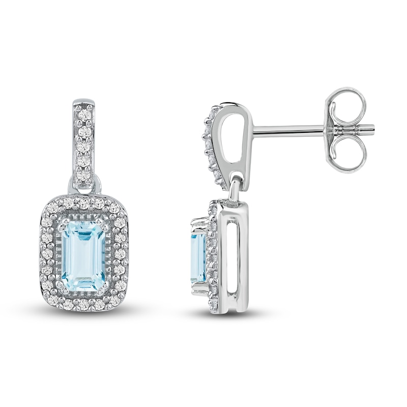 Main Image 2 of Rectangle-Cut Natural Aquamarine & Diamond Dangle Earrings 1/6 ct tw 14K White Gold