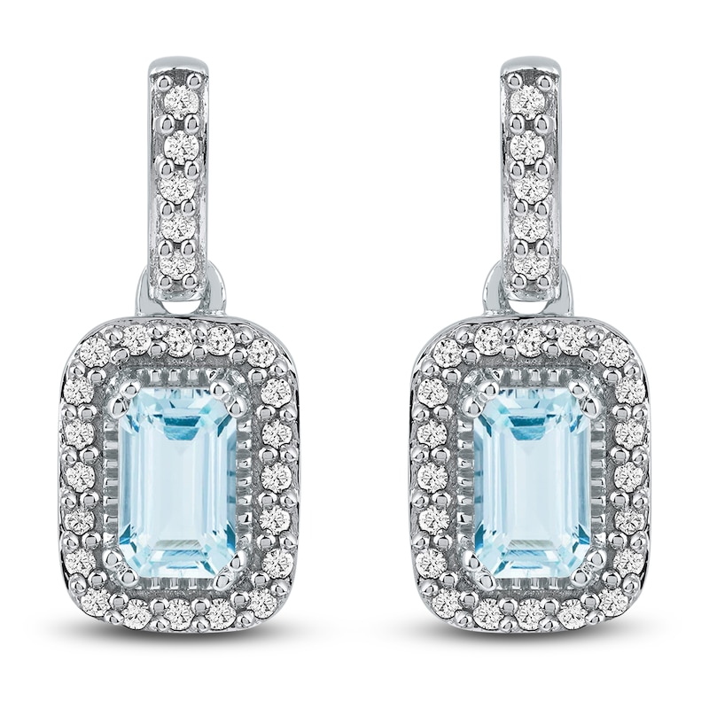 Main Image 3 of Rectangle-Cut Natural Aquamarine & Diamond Dangle Earrings 1/6 ct tw 14K White Gold