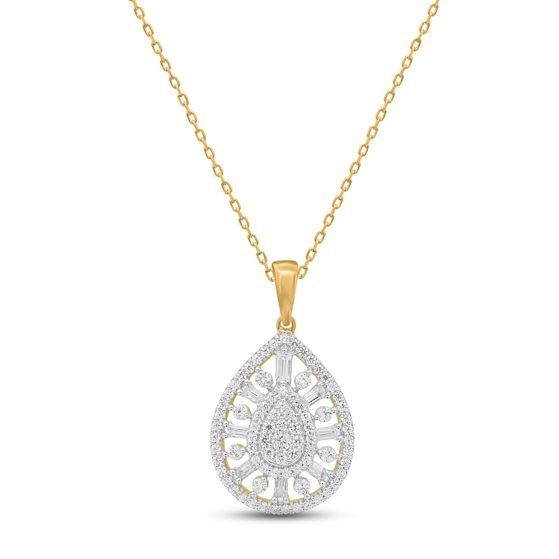 Main Image 1 of Diamond Drop Necklace 1/2 ct tw Round/Baguette 14K Yellow Gold