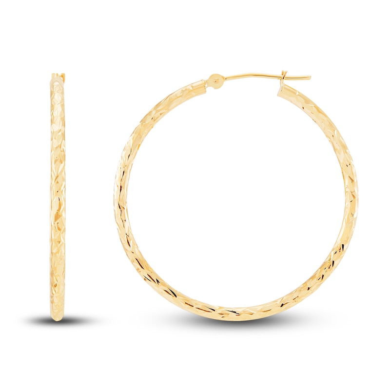 Main Image 1 of Diamond-Cut Round Tube Hoop Earrings 14K Yellow Gold 35mm