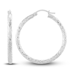 Diamond-Cut Round Tube Hoop Earrings 14K White Gold