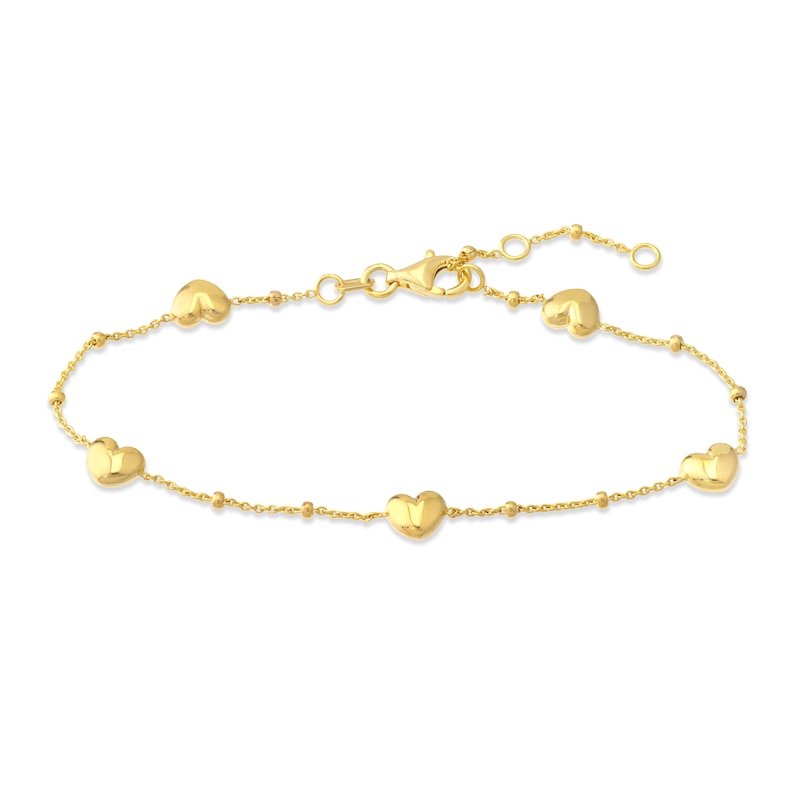 Main Image 1 of Puffy Heart Station Bracelet 14K Yellow Gold 6.8&quot; Adj.