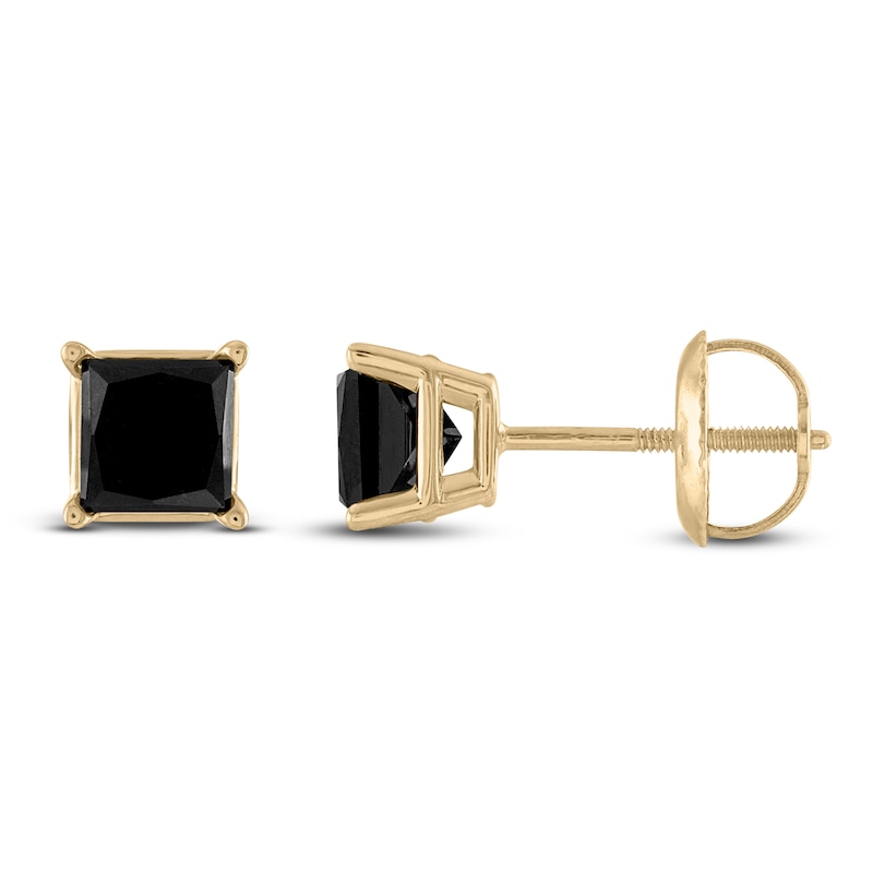 Main Image 1 of Black Diamond Solitaire Stud Earrings 1 ct tw Princess 10K Yellow Gold