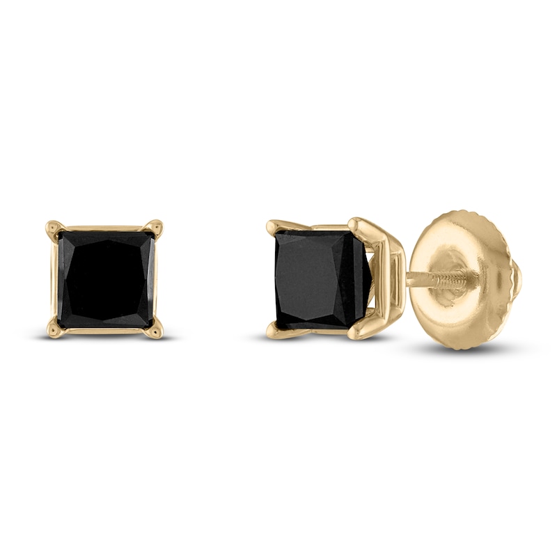 Main Image 2 of Black Diamond Solitaire Stud Earrings 1 ct tw Princess 10K Yellow Gold