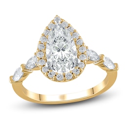 Lab-Created Diamond Engagement Ring 2-1/4 ct tw Pear/Round 14K Yellow Gold
