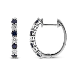 Natural Blue Sapphire Hoop Earrings 3/8 ct tw Diamonds 14K White Gold