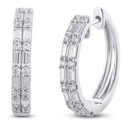 Baguette-Cut & Round Diamond Huggie Earrings 1 ct tw 14K White Gold