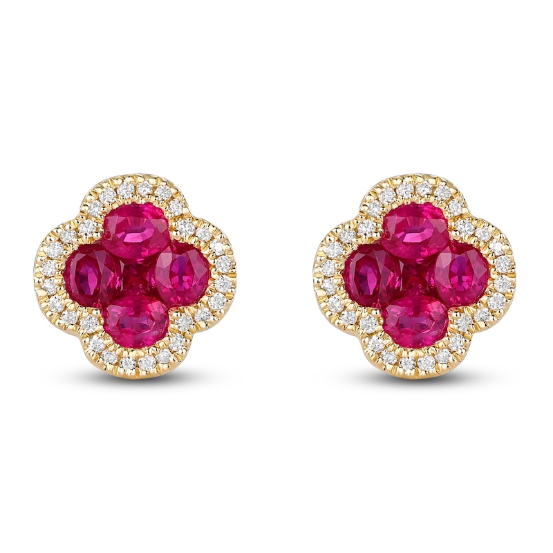 Oval & Square-Cut Natural Ruby & Diamond Quatrefoil Stud Earrings 1/5 ct tw 14K Yellow Gold