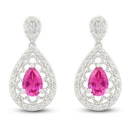 Pear-Shaped Pink Lab-Created Sapphire & Diamond Filigree Dangle Earrings 1/6 ct tw Sterling Silver