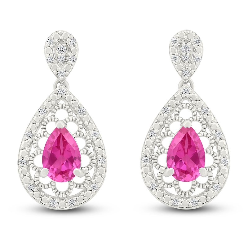 Main Image 1 of Pear-Shaped Pink Lab-Created Sapphire & Diamond Filigree Dangle Earrings 1/6 ct tw Sterling Silver