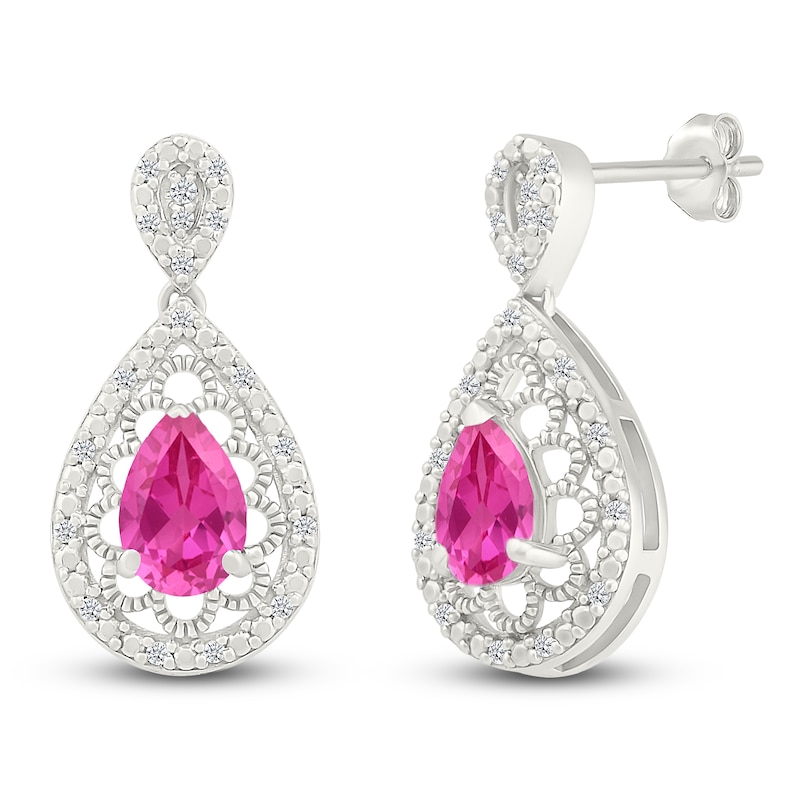 Main Image 2 of Pear-Shaped Pink Lab-Created Sapphire & Diamond Filigree Dangle Earrings 1/6 ct tw Sterling Silver