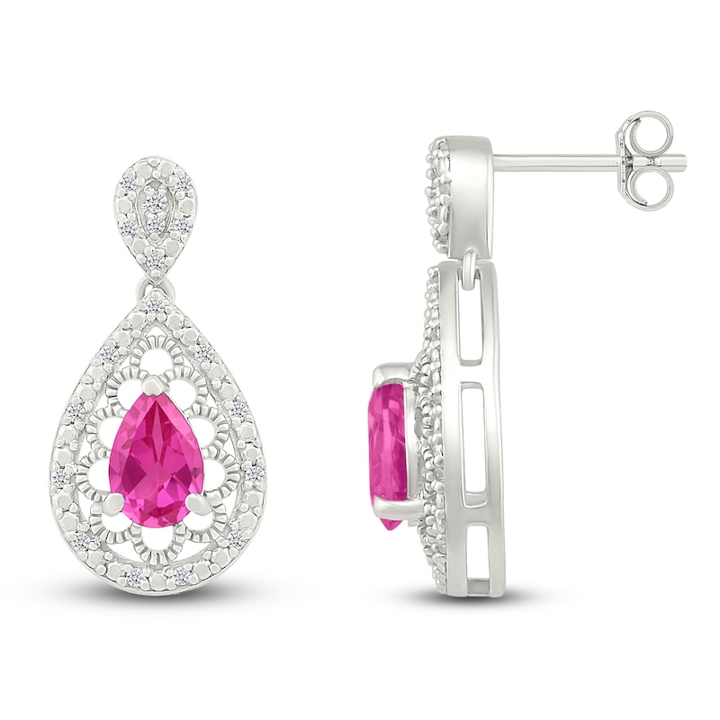 Main Image 3 of Pear-Shaped Pink Lab-Created Sapphire & Diamond Filigree Dangle Earrings 1/6 ct tw Sterling Silver