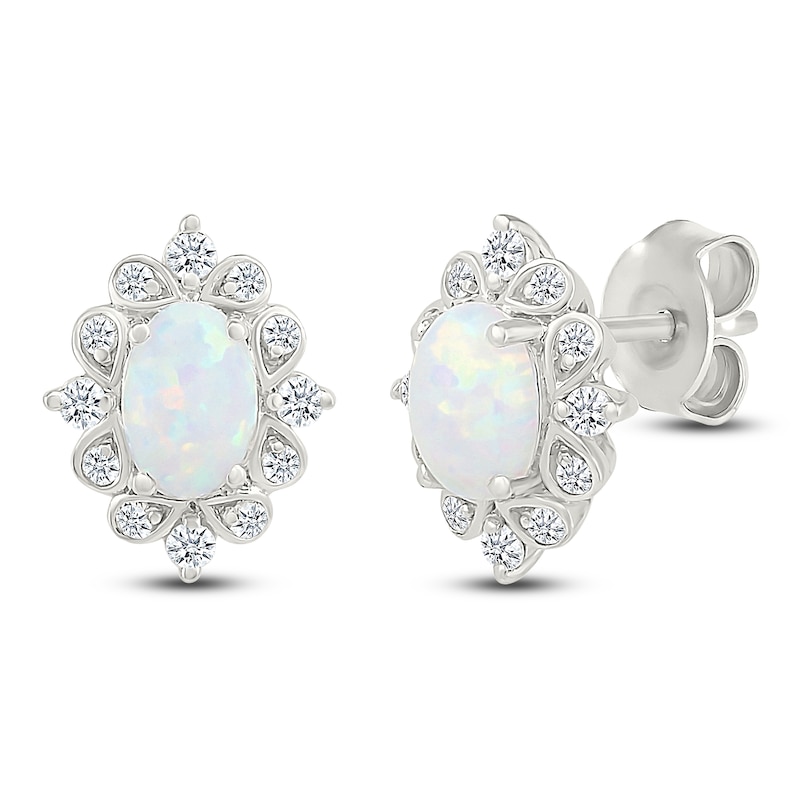 Main Image 2 of Oval-Cut Lab-Created Opal & White Lab-Created Sapphire Stud Earrings Sterling Silver