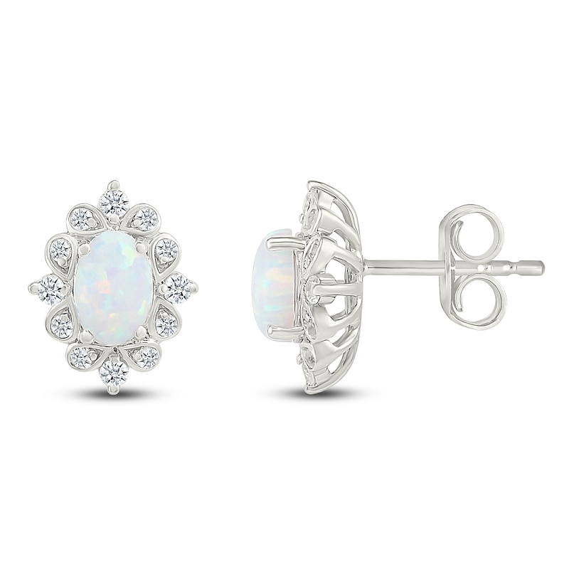 Main Image 3 of Oval-Cut Lab-Created Opal & White Lab-Created Sapphire Stud Earrings Sterling Silver