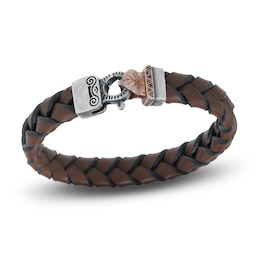 Marco Dal Maso Engraved Woven Brown Leather Natural Black Diamond Bracelet Sterling Silver/18K Rose Gold-Plated 8&quot;