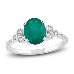 Natural Emerald Engagement Ring 1/6 ct tw Diamonds 14K White Gold