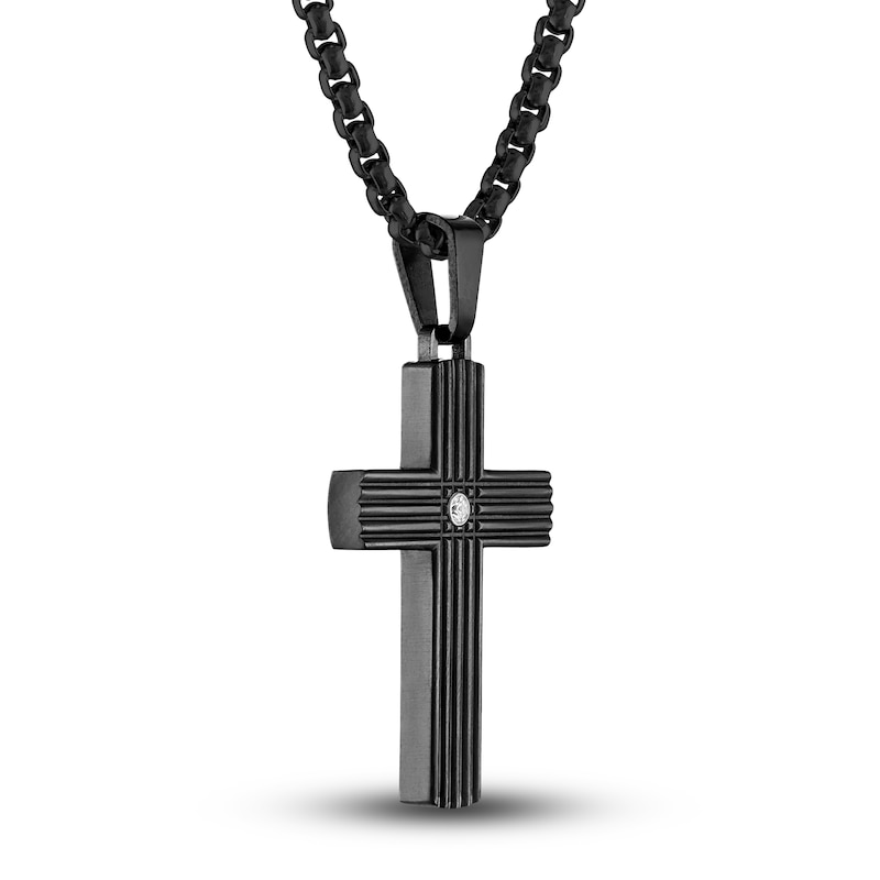 Men's Diamond Accent Cross Pendant Necklace 1/20 ct tw Round Black Titanium/Stainless Steel 22"