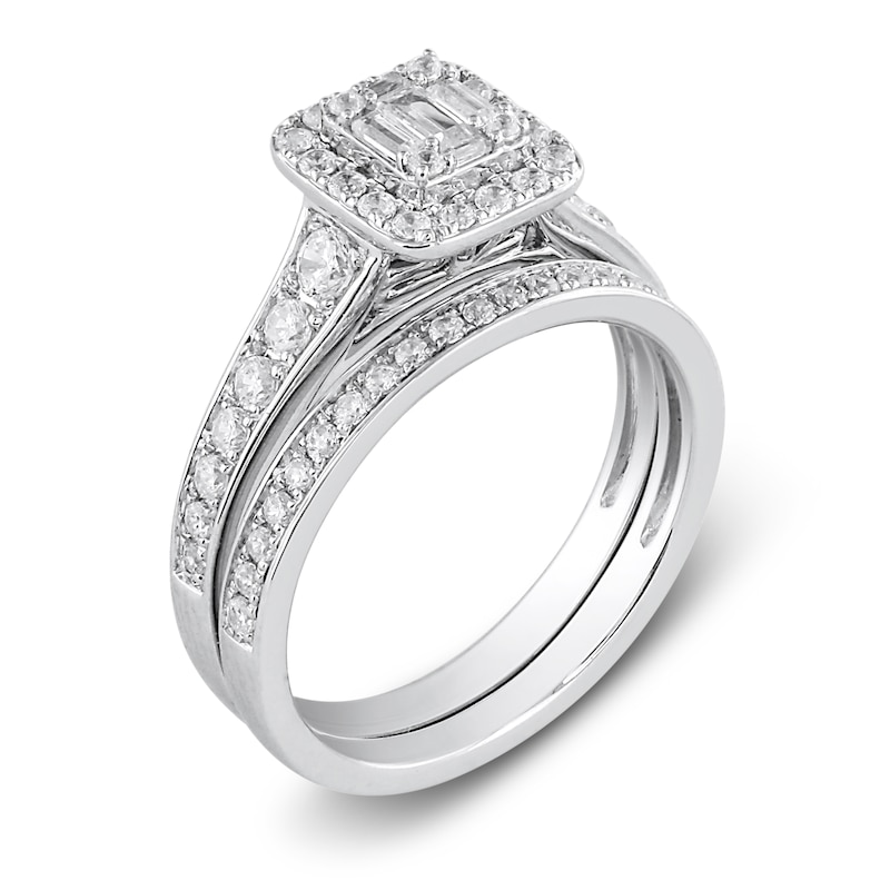 Diamond Halo Bridal Set 3/4 ct tw Baguette/Round 14K White Gold