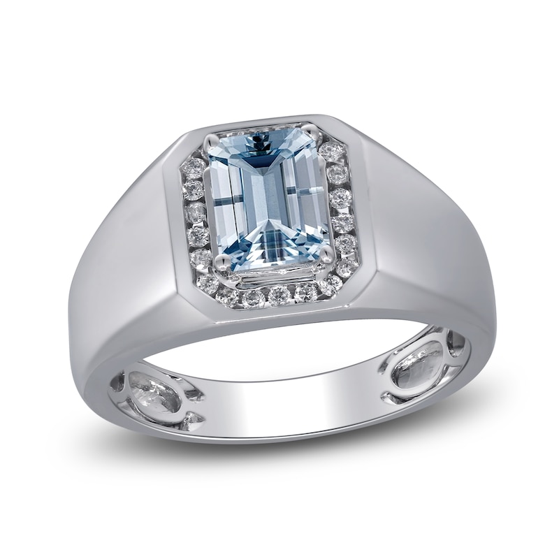 Main Image 1 of Men's Natural Aquamarine & Diamond Ring 1/5 ct tw 14K White Gold