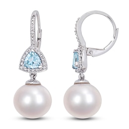 Freshwater Cultured Pearl & Natural Blue Topaz Drop Earrings 1/4 ct tw Diamonds 14K White Gold