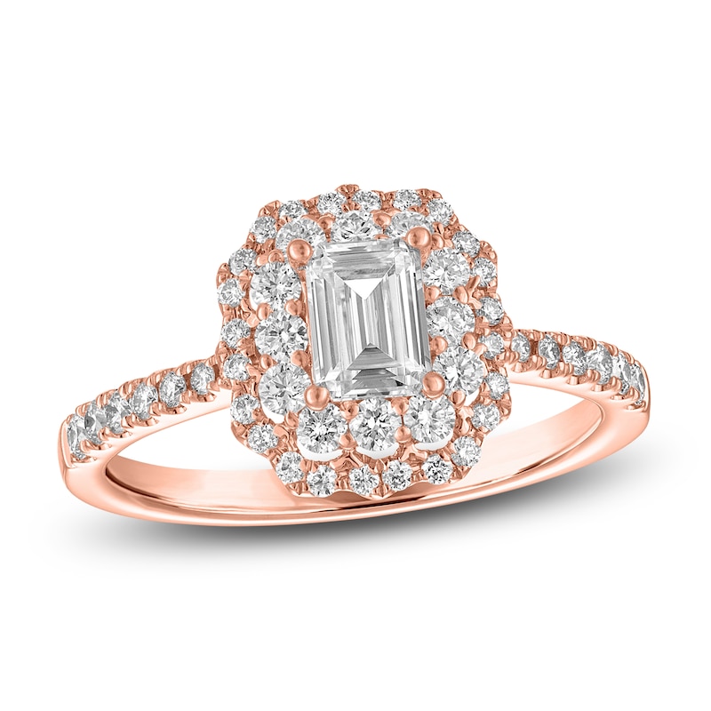 Main Image 1 of Emerald & Round-Cut Diamond Double Halo Engagement Ring 1 ct tw 14K Rose Gold