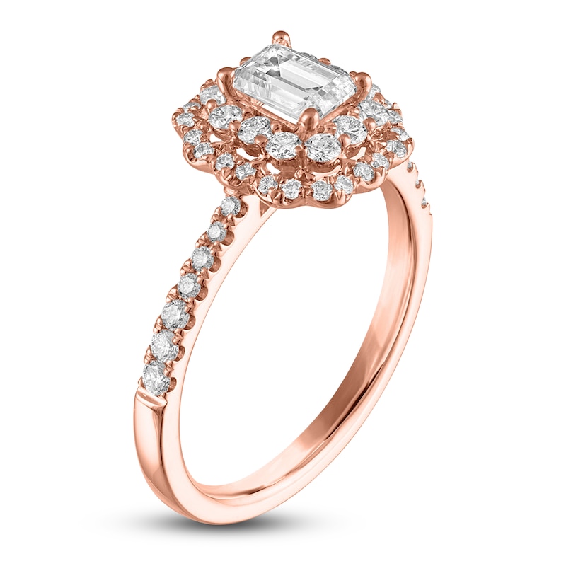 Main Image 2 of Emerald & Round-Cut Diamond Double Halo Engagement Ring 1 ct tw 14K Rose Gold