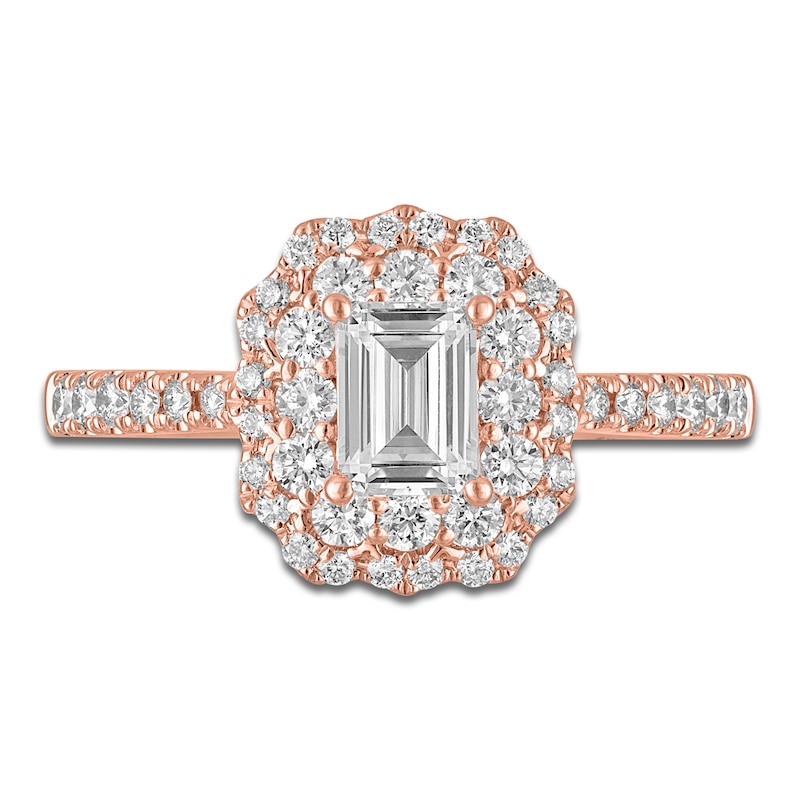 Main Image 3 of Emerald & Round-Cut Diamond Double Halo Engagement Ring 1 ct tw 14K Rose Gold