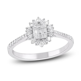 Baguette & Round-Cut Multi-Diamond Starburst Halo Promise Ring 1/3 ct tw 10K White Gold