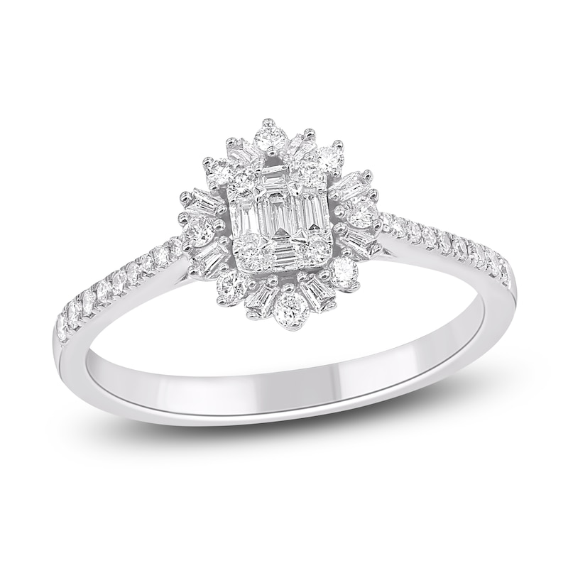 Main Image 1 of Baguette & Round-Cut Multi-Diamond Starburst Halo Promise Ring 1/3 ct tw 10K White Gold